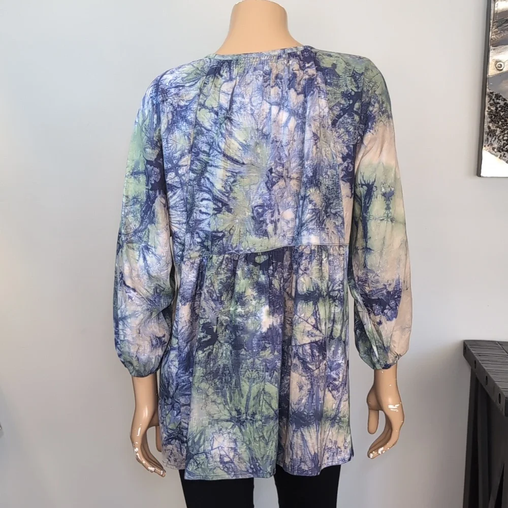 NEW Cabi Woodstock Blue Green Tie Dye Linen Babydoll Top Tunic Size Medium - Picture 9 of 14
